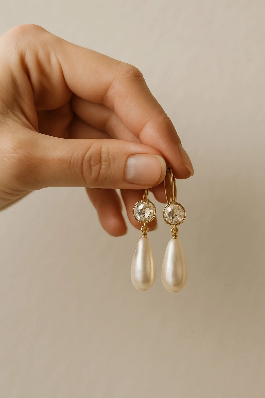 Hand holding a pair of pearl earrings against a neutral background