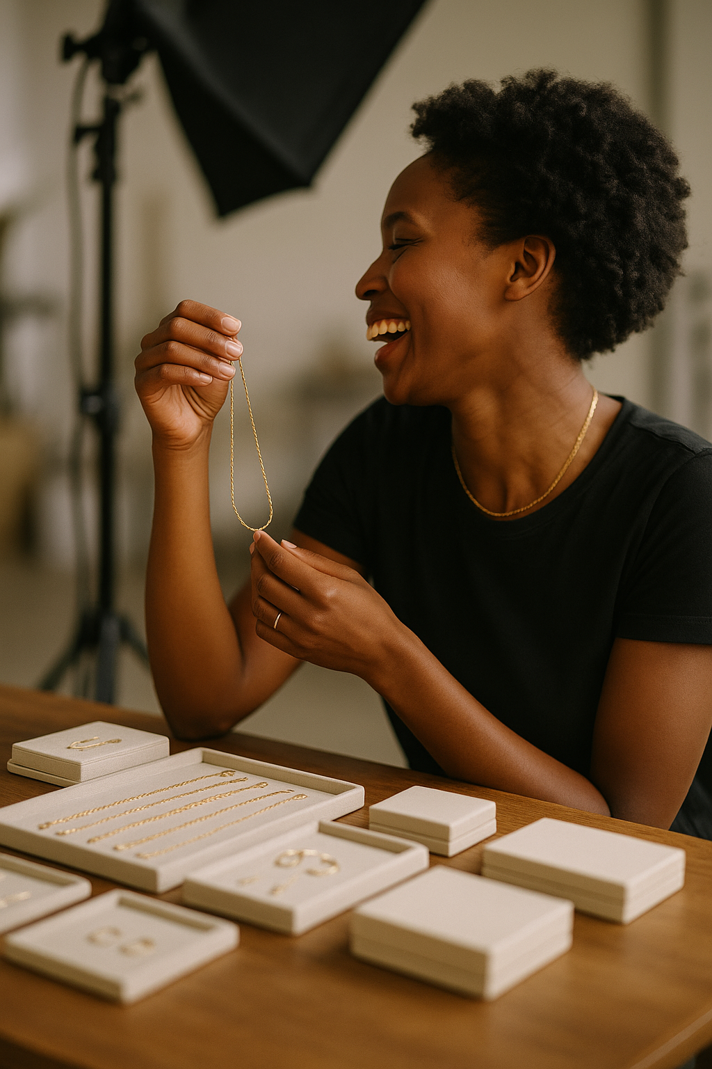 Woman holding a piece of jewelry in front of a camera setup on a wooden table.