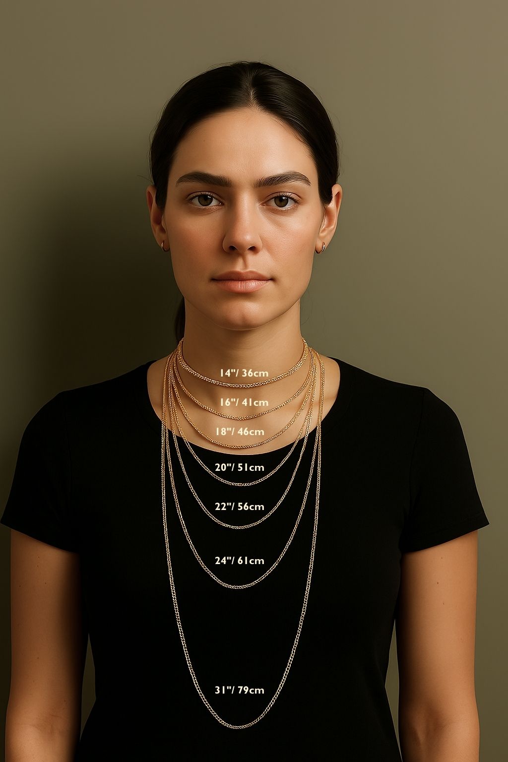 Woman wearing necklaces with measurement markings on a plain background